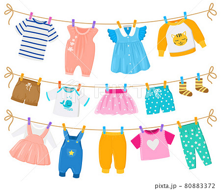Cartoon childrens clean clothes dry hanging ropes. Kids cute garments shorts, dresses, shirts hanging clothesline vector illustration. Baby boy and girls drying outfits 80883372