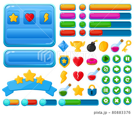Cartoon user interface casual video games ui kit elements. Game interface buttons, menu elements and game trophies vector illustration set. Casual games ui kit symbols 80883376