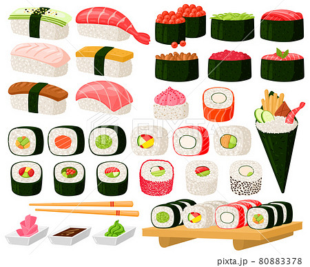 Cartoon asian cuisine rolls, sushi, sashimi dishes. Japanese oriental cuisine, seaweed, rice, fish and meat meals vector illustration set. Traditional sushi dishes Cartoon asian cuisine rolls, sushi, sashimi dishes. Japanese oriental cuisine, seaweed, rice, fish and meat meals vector illustration set. Traditional sushi dishes 80883378