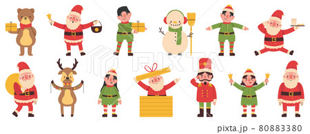 Christmas elves, snowman and reindeer Santa Claus helpers mascots. Winter holiday funny team vector illustration set. Santa Claus noel helpers characters Christmas elves, snowman and reindeer Santa Claus helpers mascots. Winter holiday funny team vector illustration set. Santa Claus noel helpers characters 80883380