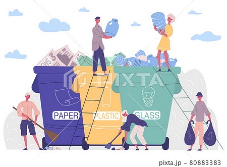 People sorting garbage, protecting environment from plastic solution. Collecting, sorting, recycling garbage activists vector illustration. Characters keep environment clean People sorting garbage, protecting environment from plastic solution. Collecting, sorting, recycling garbage activists vector illustration. Characters keep environment clean 80883383