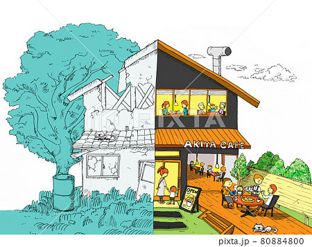 空き家を利活用してカフェにリノベーションしたイラストのイラスト素材
