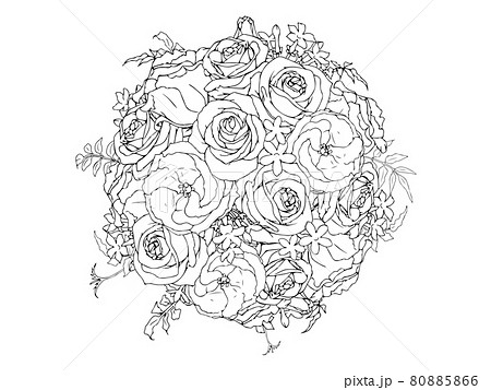 薔薇とトルコキキョウとジャスミンの花束 線画のイラスト素材