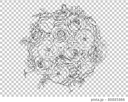 薔薇とトルコキキョウとジャスミンの花束 線画のイラスト素材