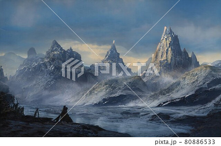 人がいたと思われる冬山のキャンプから撮影した山々のイラスト【風景】 80886533
