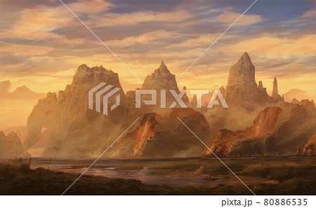 夕暮れ時の海にうかぶ巨大な岩山のイラスト 風景 のイラスト素材