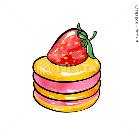 Illustration of a colored drawing of sweets: round cake with pink-yellow cakes soaked in cream and 80886577