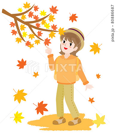 紅葉狩りをする女性のイラストのイラスト素材