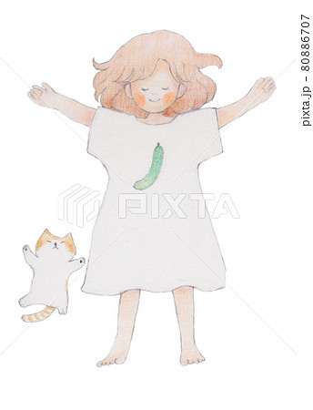 手描きイラスト 寝転ぶ女の子と猫のイラスト素材