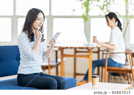 コワーキングスペースでスマホを操作する若い女性。 コワーキングスペースでスマホを操作する若い女性。 80887015