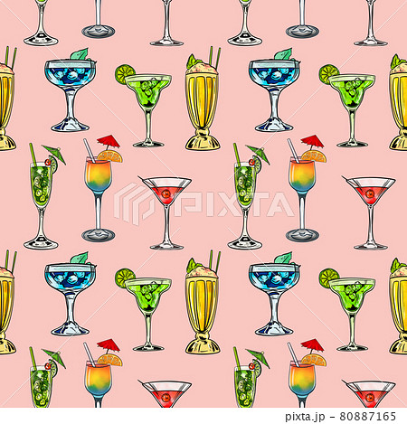 Watercolor digital illustration seamless pattern of cocktails of different shapes and colors on Watercolor digital illustration seamless pattern of cocktails of different shapes and colors on 80887165