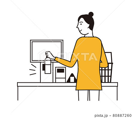 コンビニのセルフレジで商品をスキャンする女性のイラスト素材