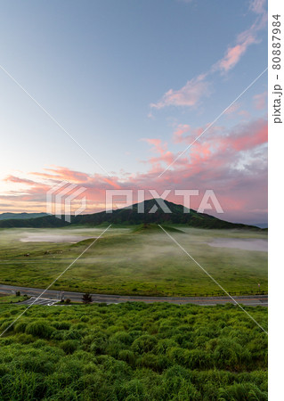 早朝の夏の阿蘇に浮かぶ雲海に放牧された馬や牛が居る夜明けの風景 80887984