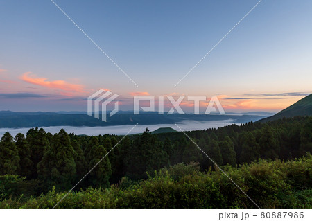 早朝の夏の阿蘇に浮かぶ雲海に放牧された馬や牛が居る夜明けの風景 早朝の夏の阿蘇に浮かぶ雲海に放牧された馬や牛が居る夜明けの風景 80887986