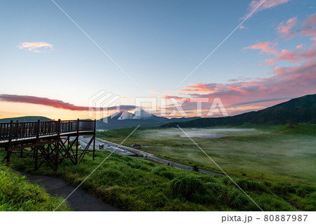 早朝の夏の阿蘇に浮かぶ雲海に放牧された馬や牛が居る夜明けの風景 80887987