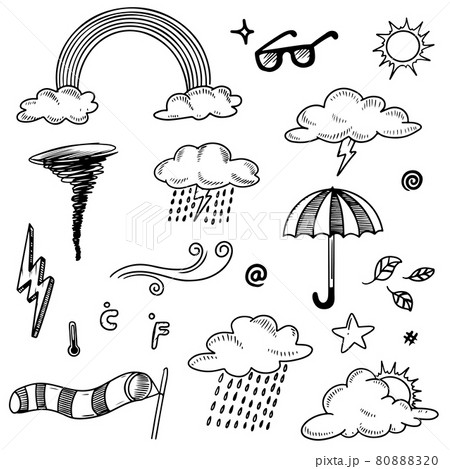 Collection of hand drawn doodle weather icons isolated on white background. Collection of hand drawn doodle weather icons isolated on white background. 80888320