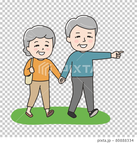 夫妻和老年夫妻牽手走路走路的插畫素材 80888334