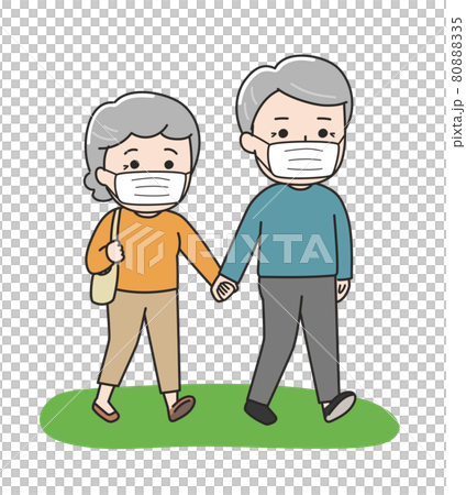 情侶和老年夫婦戴著口罩手牽手走路和走路的插圖素材 80888335