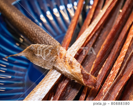 鮭とば。鮭の切り身を塩水に漬けて干した珍味。 鮭とば。鮭の切り身を塩水に漬けて干した珍味。 80888380