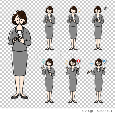 スマホを操作するビジネスウーマン 6パターンセットのイラスト