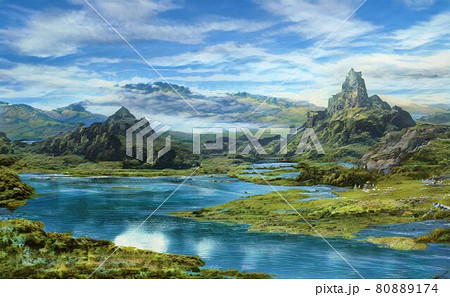 ファンタジーの世界にありそうな山々のイラスト 風景 のイラスト素材