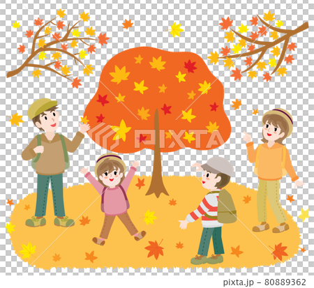 Illustration of a family hunting for autumn leaves 80889362