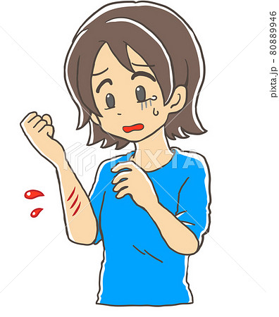 腕にひっかき傷 怪我をして血が出て痛そうな女性のイラスト素材