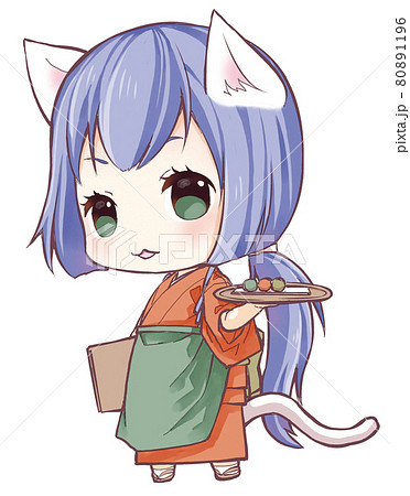 ミニキャラ猫耳和喫茶店員のイラスト素材