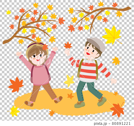 紅葉狩りをする子供たちのイラストのイラスト素材