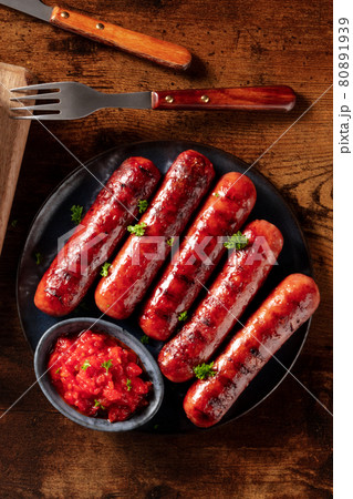 Frankfurter Bratwurst, German pork sausages, shot from the top with ketchup Frankfurter Bratwurst, German pork sausages, shot from the top with ketchup 80891939