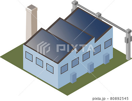 アイソメトリックな太陽光パネルのある工場 電柱と電線ありのイラスト素材