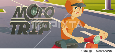 Man riding bike, moto trip cartoon vector banner Man riding bike, moto trip cartoon vector banner 80892890
