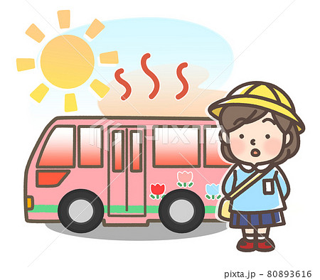 炎天下で暑くなっている幼稚園バスと園児のイラスト素材