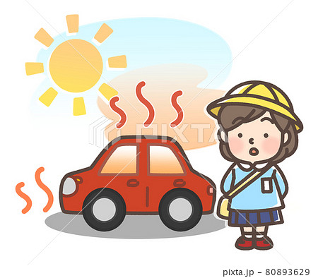 炎天下で暑くなっている車と子供 80893629