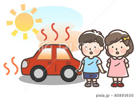 炎天下で暑くなっている車と子供 80893630