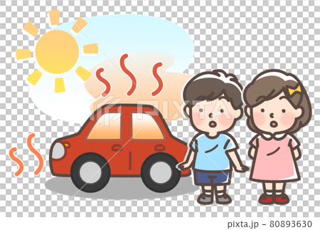 炎天下で暑くなっている車と子供 80893630