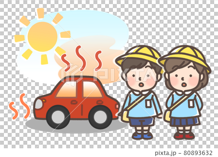 炎天下で暑くなっている車と子供 80893632
