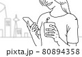 Woman and smartphone. Woman using smartphone. During leisure time. using the phone in everyday life. look at the smartphone and smile. Hand drawing style. illustrations black and white.  . 80894358