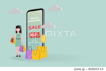 Women pay for goods and supplies via mobile phone.  80894514