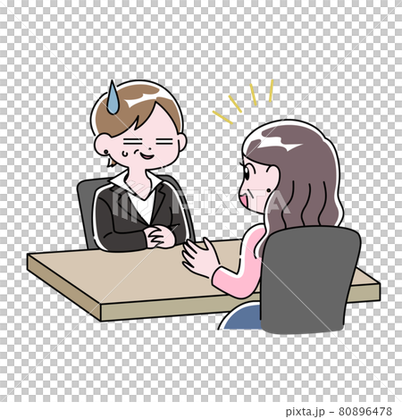 在婚介所談婚戀條件的中年婦女與驚異又大笑的婚介所工作人員 在婚介所談婚戀條件的中年婦女與驚異又大笑的婚介所工作人員 80896478