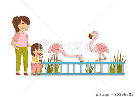 Mother with Little Girl Looking at Pink Flamingo Behind Enclosure at Zoo Vector Illustration 80896505