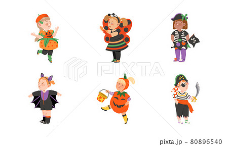 Funny Boy and Girl Dressed in Halloween Costume Vector Set 80896540