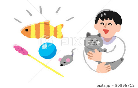 猫のおもちゃと飼い猫を抱っこする笑顔の男性（手描きカラー）の ..., 画像サイズ:450x289