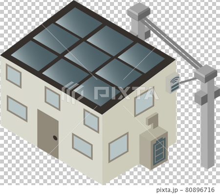 アイソメトリックな家庭用蓄電池と太陽光パネルとスマートメーターのある家 電柱と電線あり アイソメトリックな家庭用蓄電池と太陽光パネルとスマートメーターのある家 電柱と電線あり 80896716