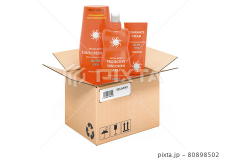 Sunscreen products inside parcel. 3D rendering 80898502