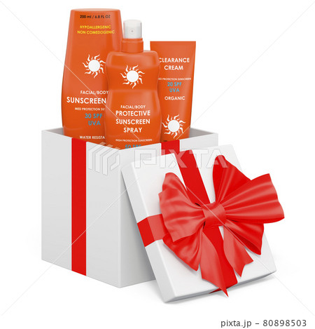 Sunscreen products inside gift box. 3D rendering 80898503