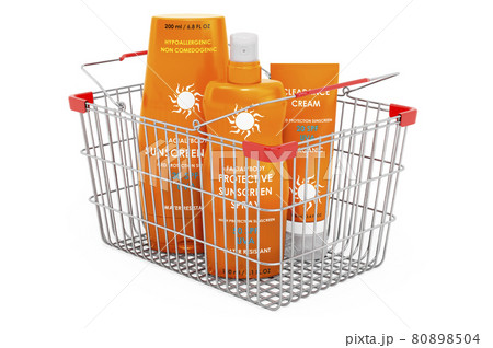 Sunscreen products with shopping basket. 3D rendering 80898504