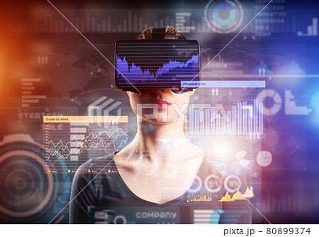 Close-up portrait of a young woman. Uses VR technology 80899374