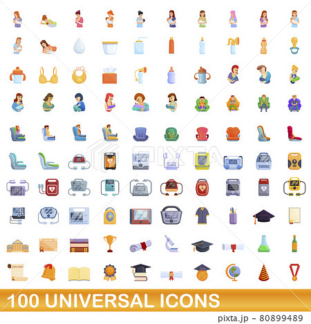 100 universal icons set, cartoon style 80899489