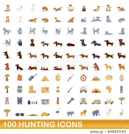 100 hunting icons set, cartoon style 80899540